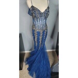 JOVANI Dress 6 Corset Trumpet Prom Pageant Formal Gown Beaded Blue Silver